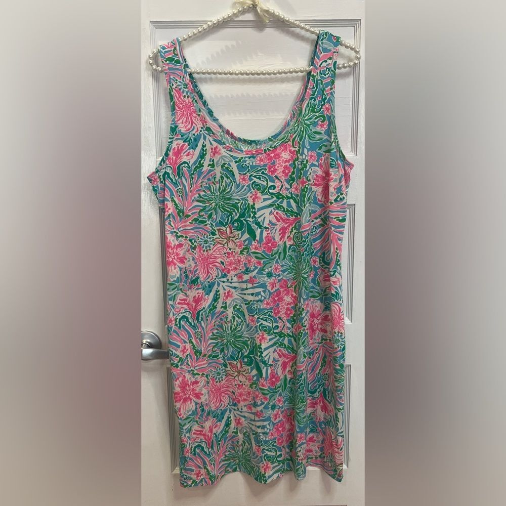 Lilly Pulitzer Newberri Tank Dress Size L Amalfi Blue Leaf It Wild Print